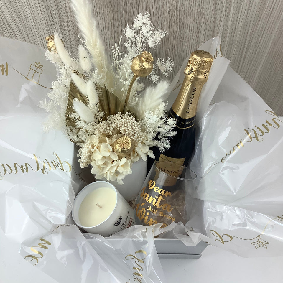 hamper with dried flower arrangement, wine, personalized wine glass and candle
